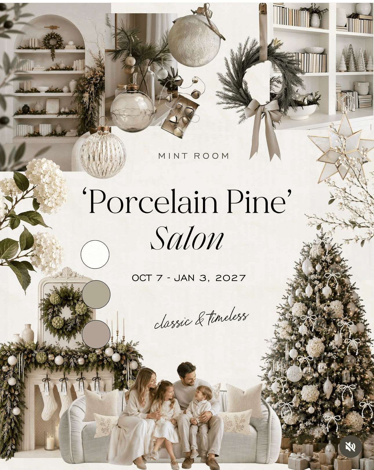 Porcelain Pine at MintRoom Studios: cream and evergreen styling, glass and ivory ornaments, a garlanded mantel and a family on a pale sofa