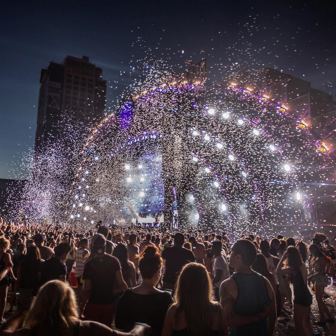 A festival night, confetti falling