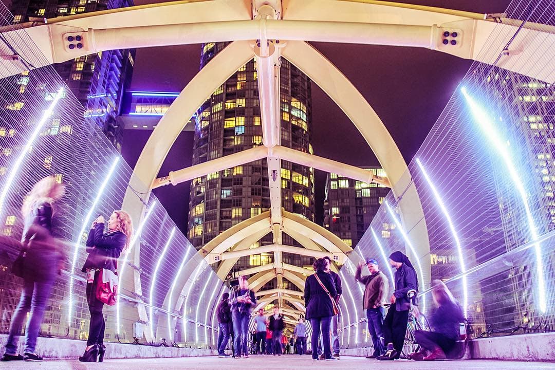 The beams lit at night