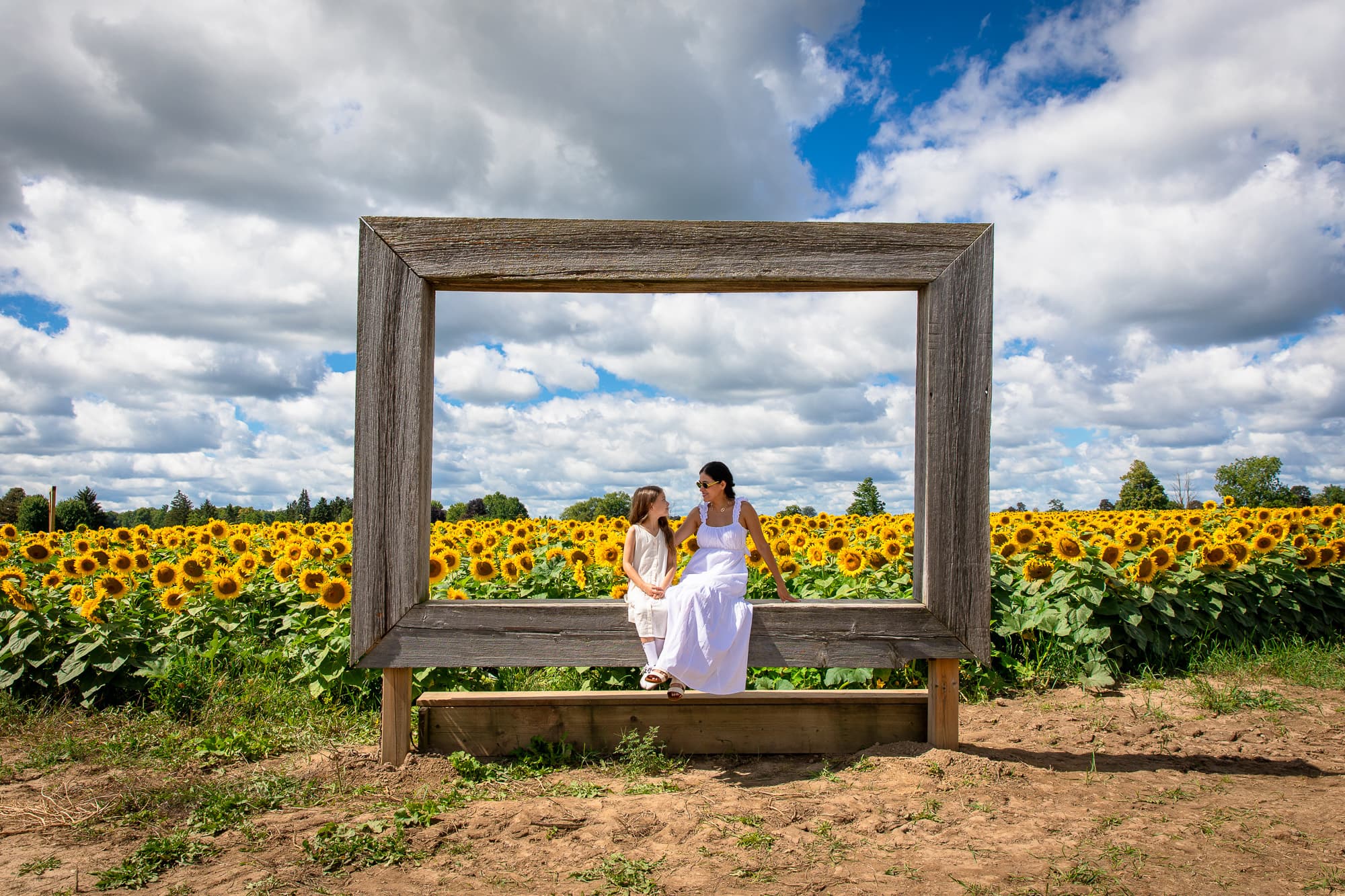 A mother and daughter framed by the big wooden picture frame in the field