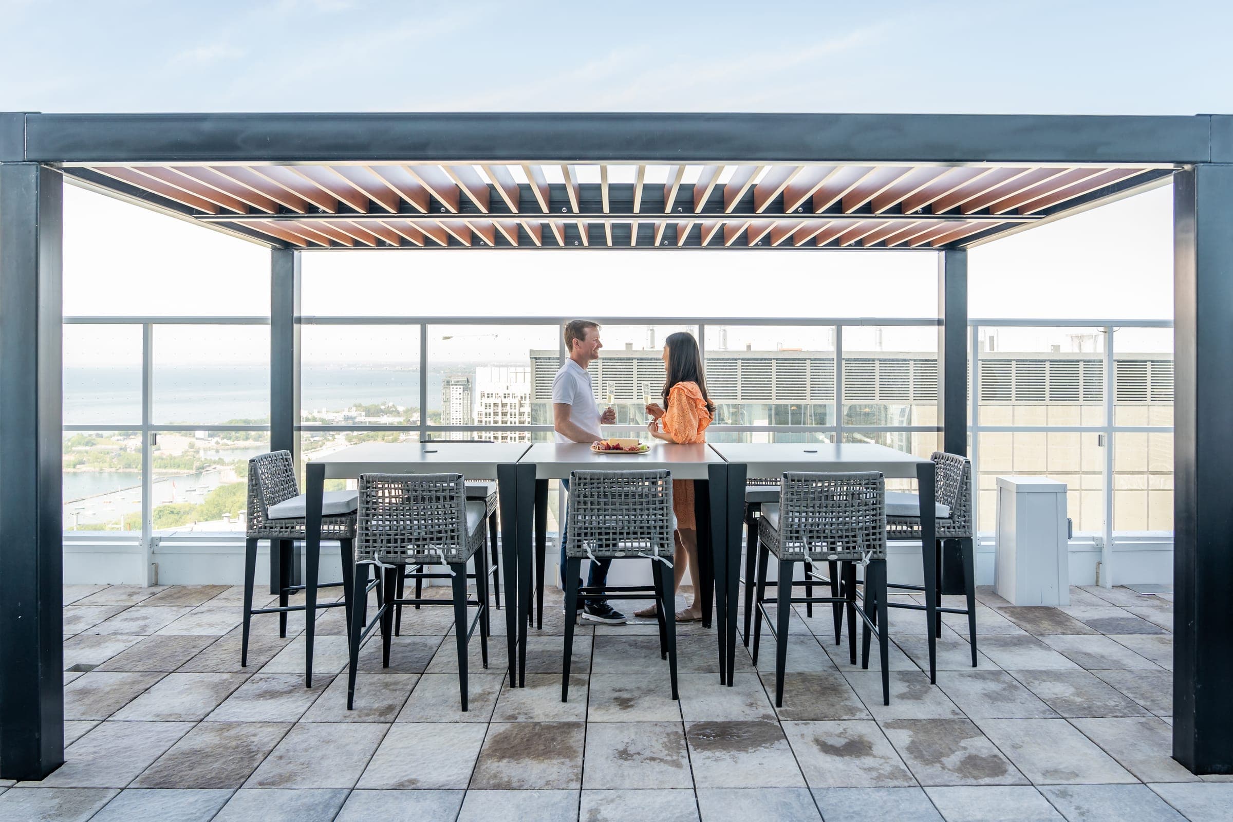 Rooftop dining room at dusk